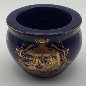 Vintage Limoges Cobalt Blue Vase/Planter with Classical Figures Design in Gold